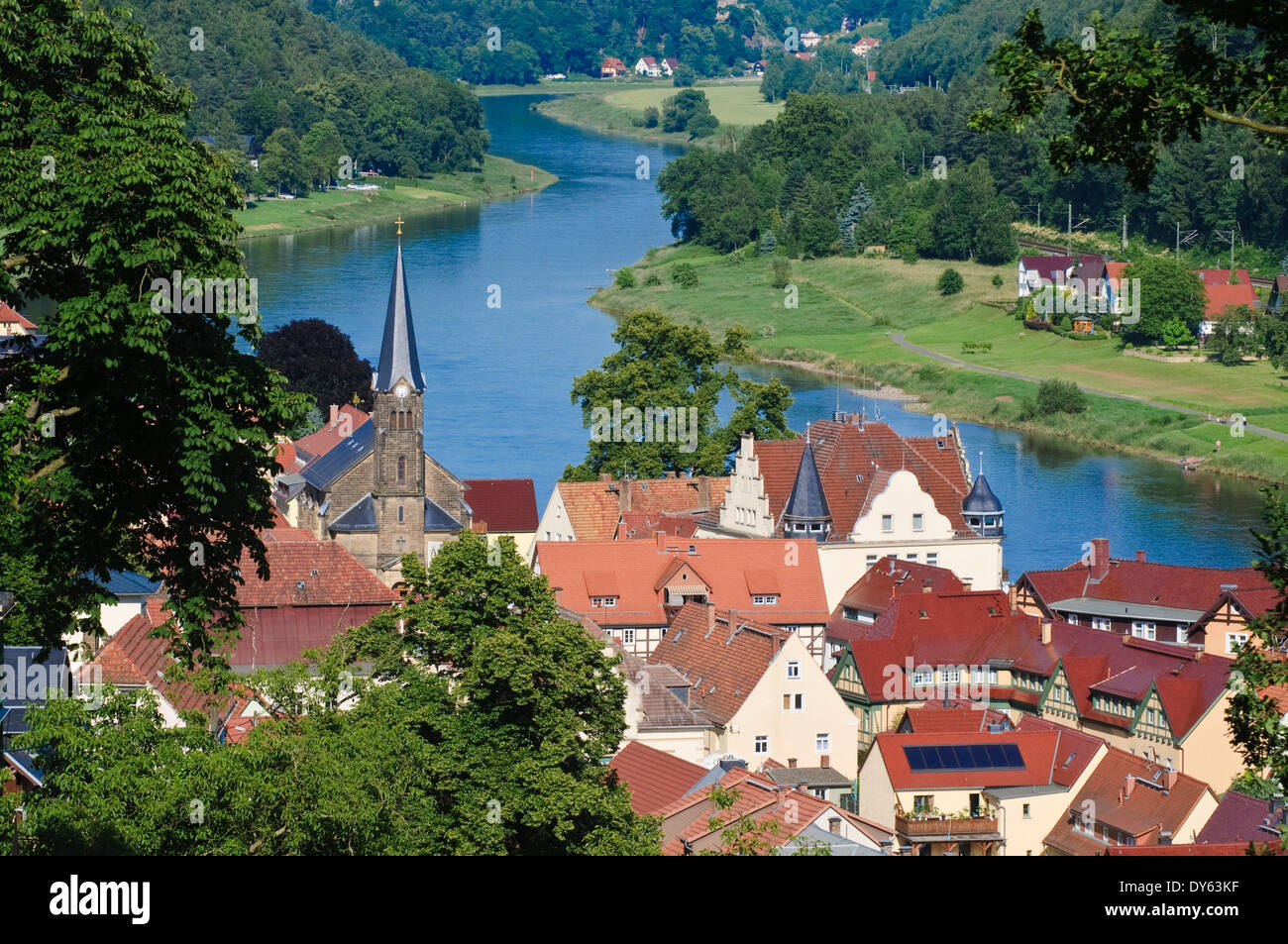 View of the town of Wehlen at Elbe river, Elbe Sandstone mountains, Saxon Switzerland, Saxony, Germany, Europe Stock Photo