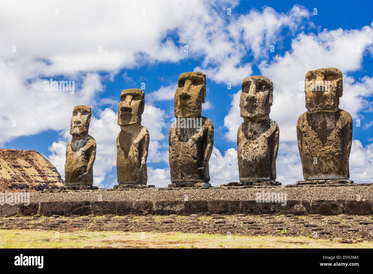 Details of moai at the restored ceremonial site of Ahu Tongariki on Easter Island (Rapa Nui), UNESCO Site, Chile Stock Photo