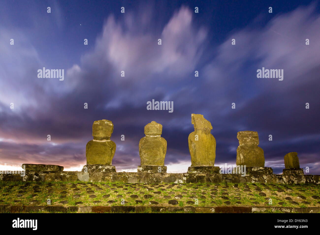 Preserved original moai in the Tahai Archaeological Zone on Easter Island (Isla de Pascua) (Rapa Nui), UNESCO Site, Chile Stock Photo