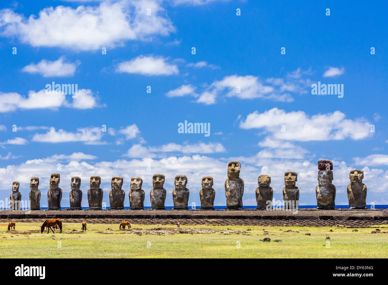 Horses grazing at the restored ceremonial site of Ahu Tongariki on Easter Island (Isla de Pascua) (Rapa Nui), UNESCO Site, Chile Stock Photo
