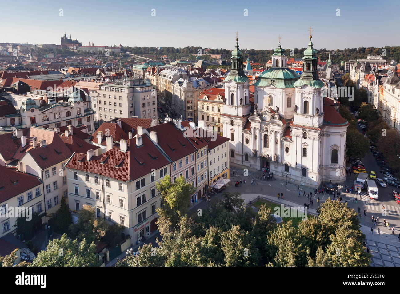 View of Old Town Square to St. Nicholas Church and Castle District, Royal Palace and St. Vitus Cathedral, Prague, Czech Republic Stock Photo