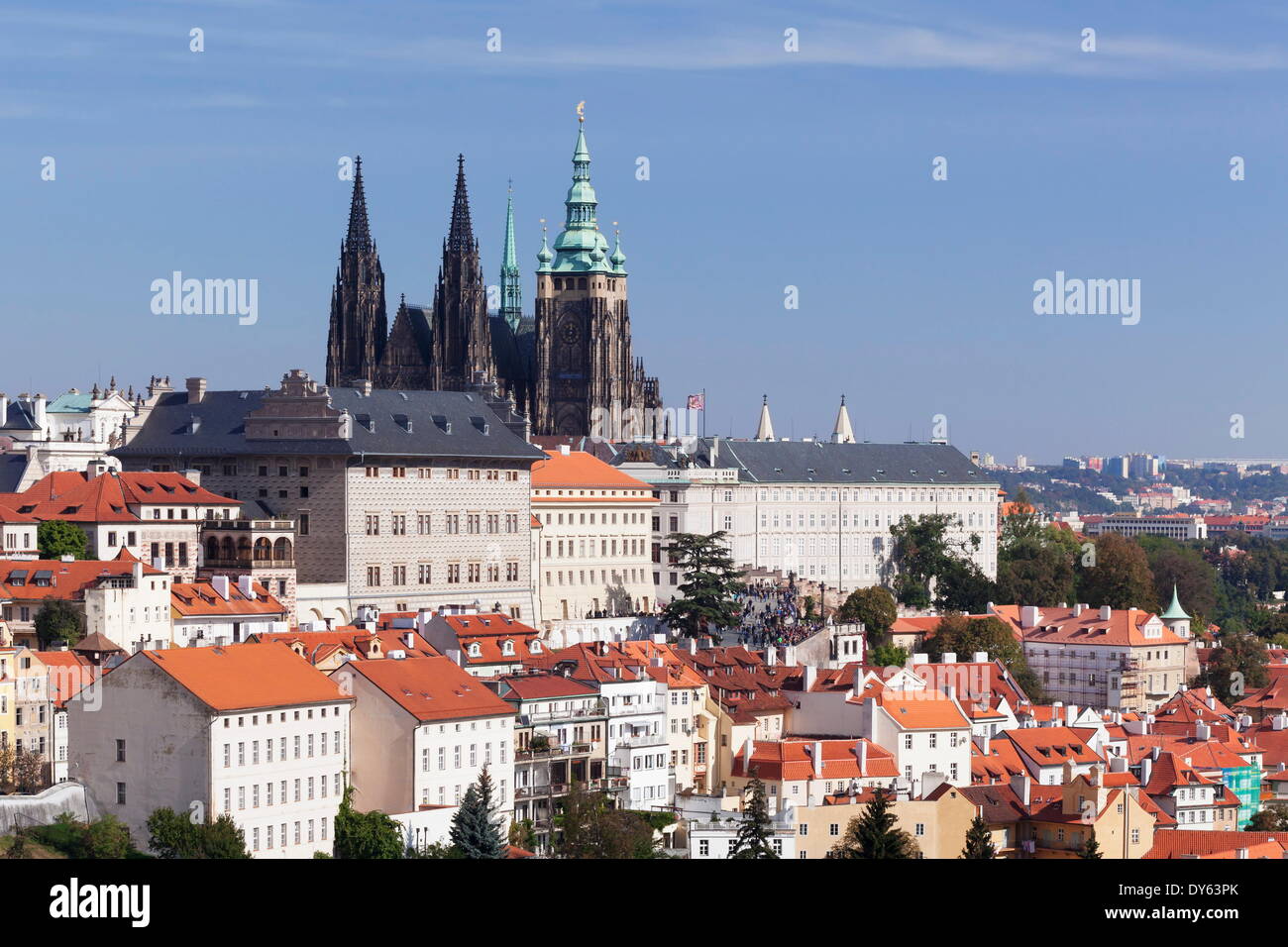 Castle District Hradcany with St. Vitus Cathedral and Royal Palace seen from Petrin Hill, UNESCO Site, Prague, Czech Republic Stock Photo