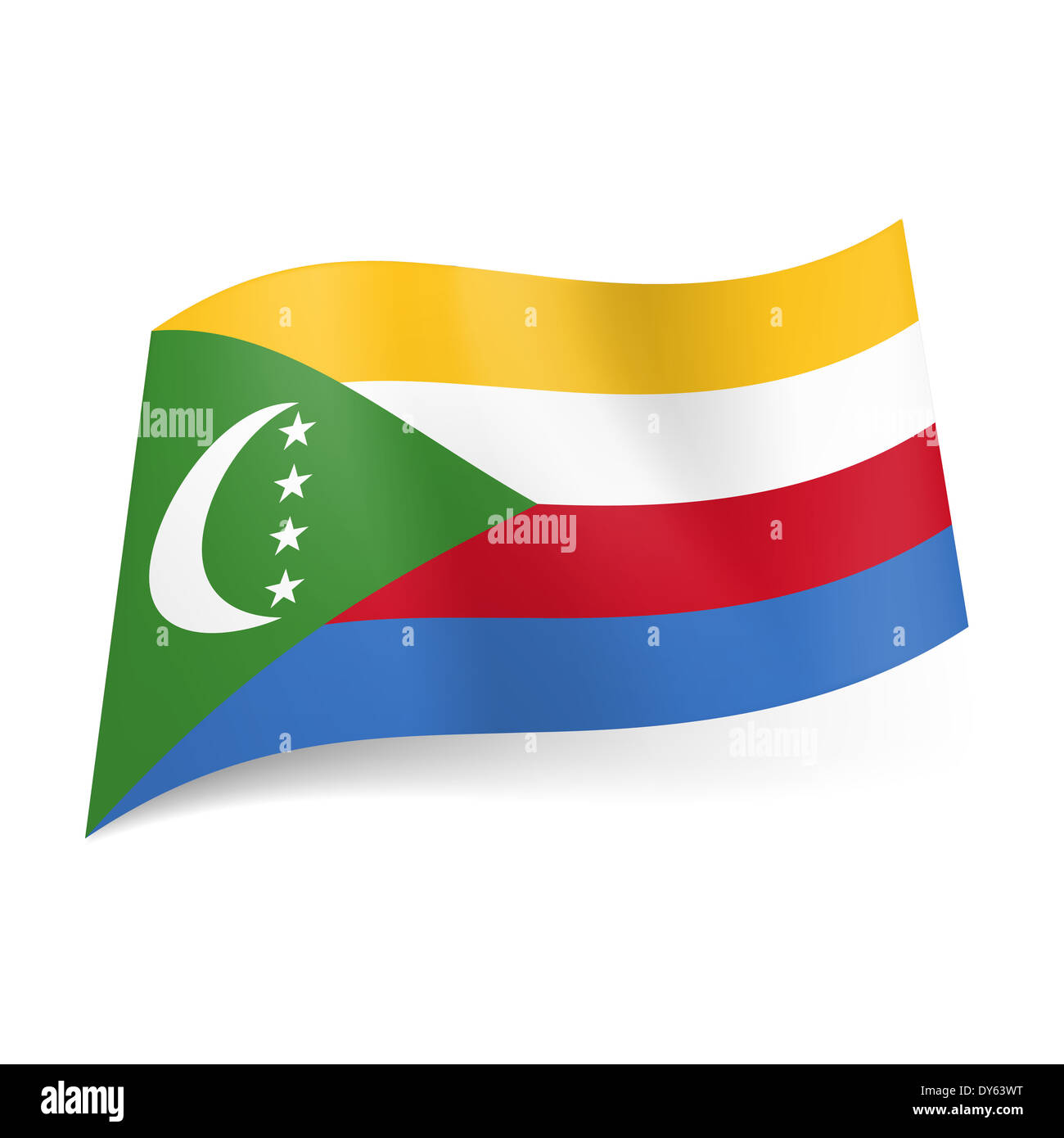 National flag of Comoros. Yellow, white, red and blue horizontal stripes and  green triangle with crescent and stars Stock Photo - Alamy
