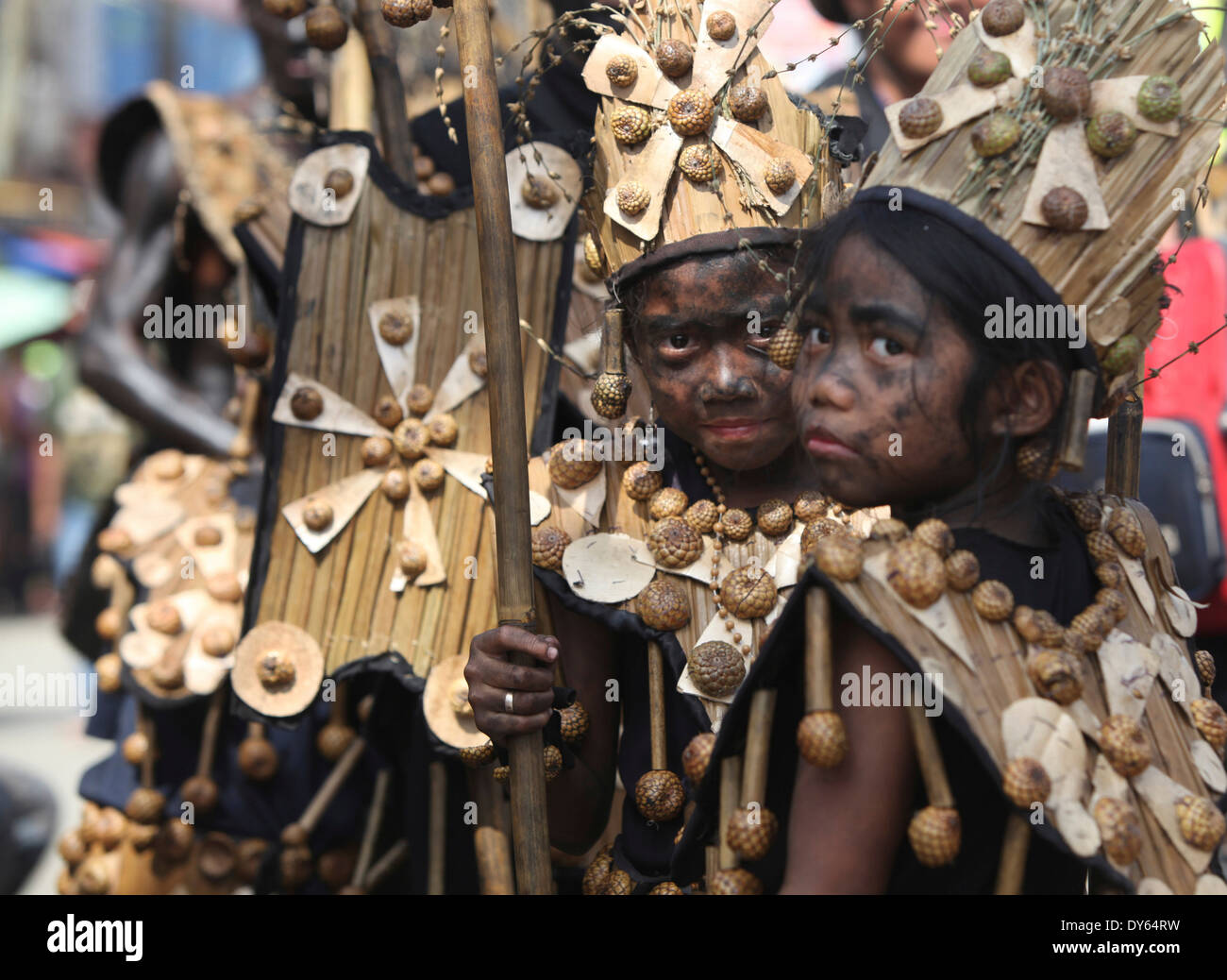 Two children with black smeared faces, Ati Atihan Festival, Kalibo, Aklan, Western Visayas Region, Panay Island, Philippines Stock Photo