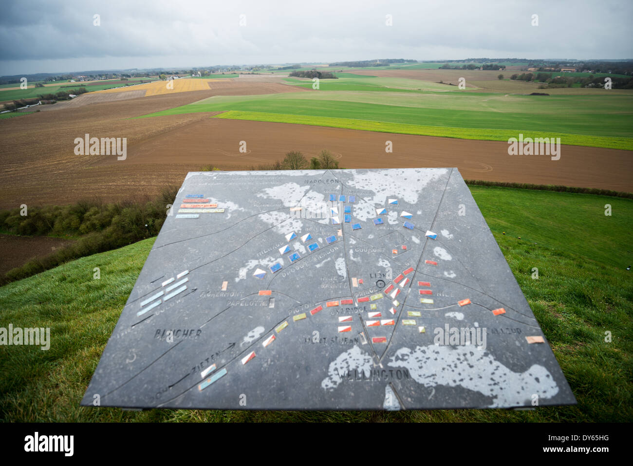 WATERLOO, Belgium — WATERLOO, Belgium — A map of the battle and looking out over the battlefield from the top of the Lion's Mound (Butte du Lion), an artificial hill built on the battlefield of Waterloo to commemorate the location where William II of the Netherlands was injured during the battle. The hill is situated on a spot along the line where the Allied army under the Duke of Wellington's command took up positions during the Battle of Waterloo. The historic Battlefield of Waterloo, where Napoleon Bonaparte faced his final defeat, attracts history enthusiasts and tourists alike, seeking to Stock Photo