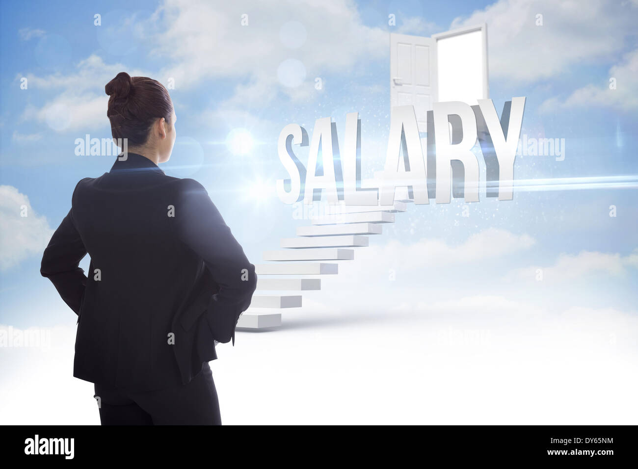 Salary Against Steps Leading To Open Door In The Sky Stock Photo