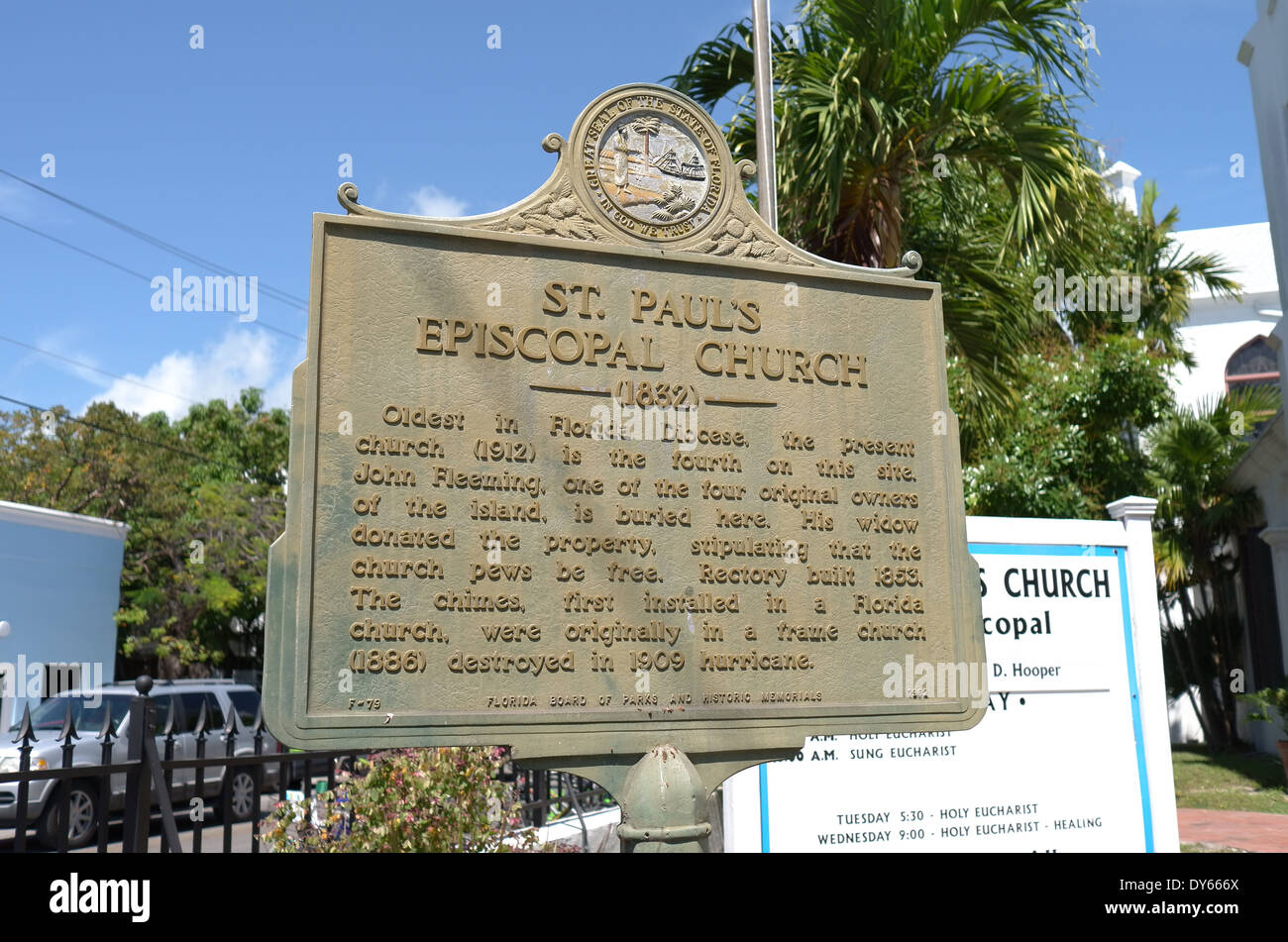 Sign outside St. Paul's Episcopal Church on Duval Street, Key West, Florida Stock Photo