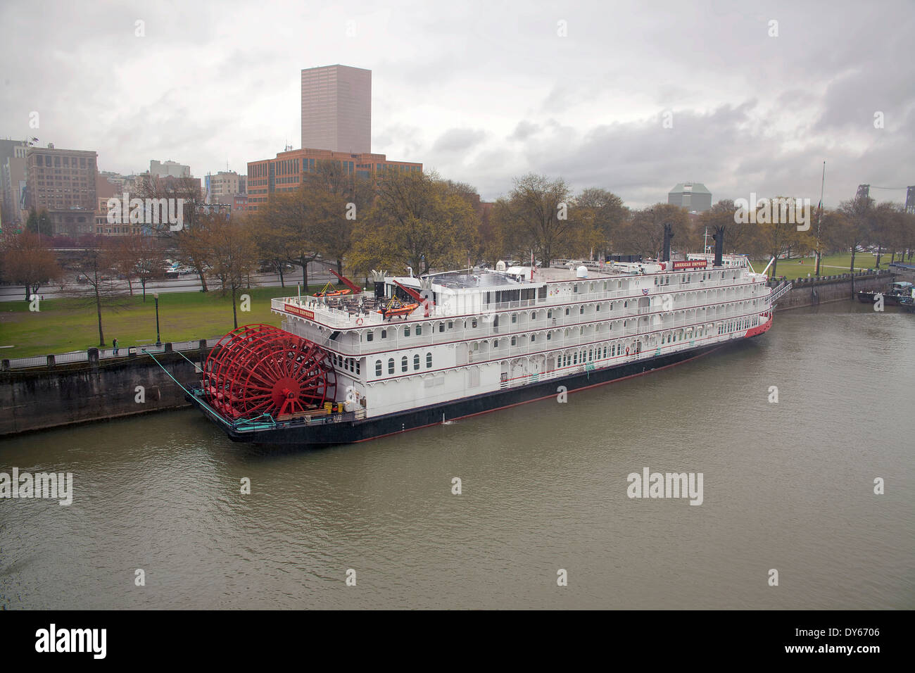 Newly Renovated American Empress Riverboat Docked along Willamette River Waterfront in Portland Oregon Stock Photo