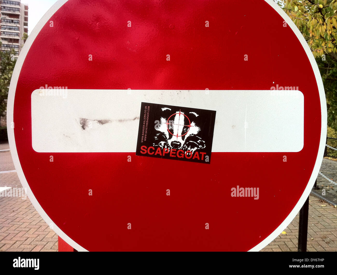 'Scapegoat' Anti-Badger Cull sticker on road sign in London Stock Photo