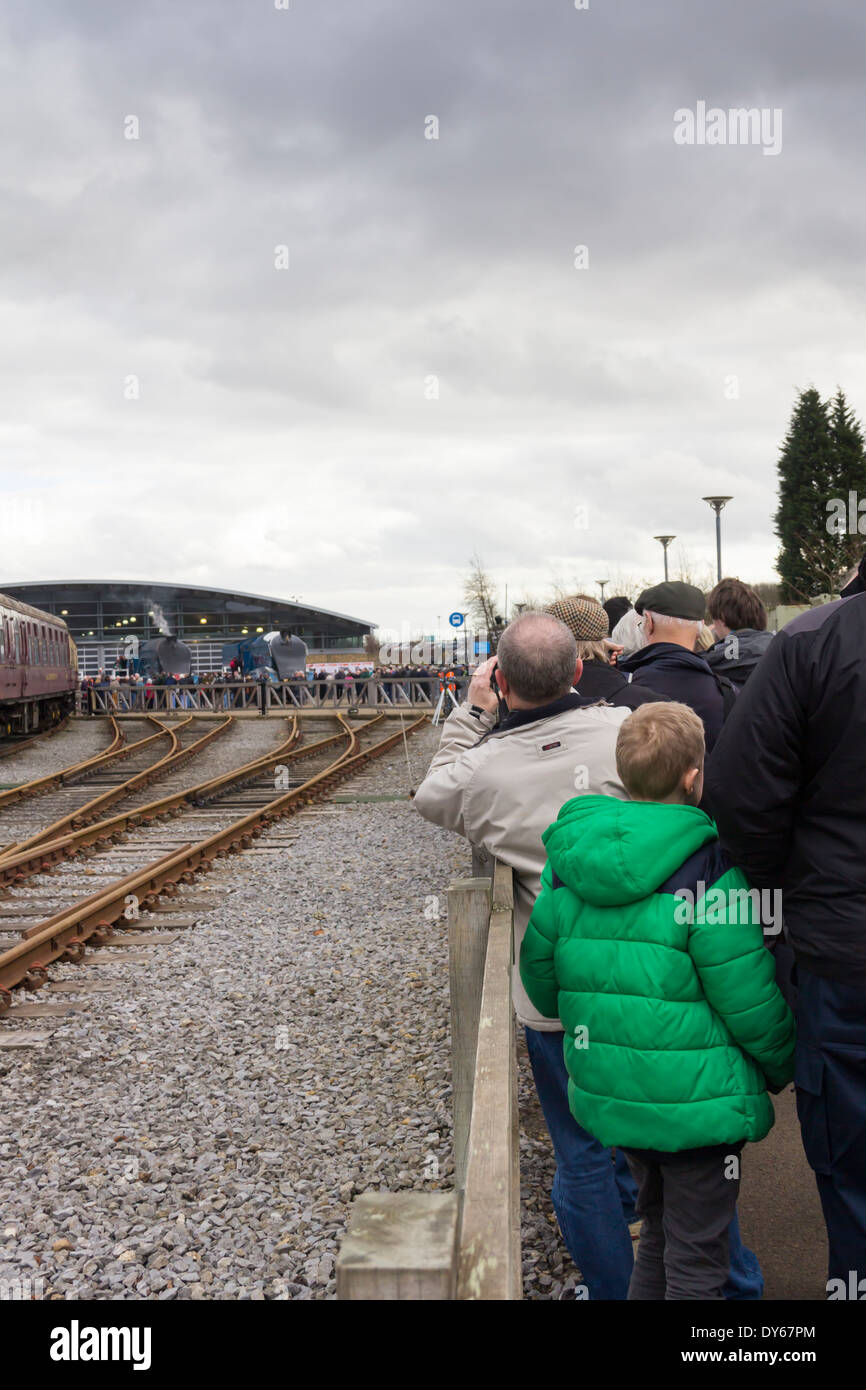Queue of steam railway enthusiasts at the National Railway Museum, Shildon, for the A4 Pacifics 'Great Goodbye' exhibition. Stock Photo