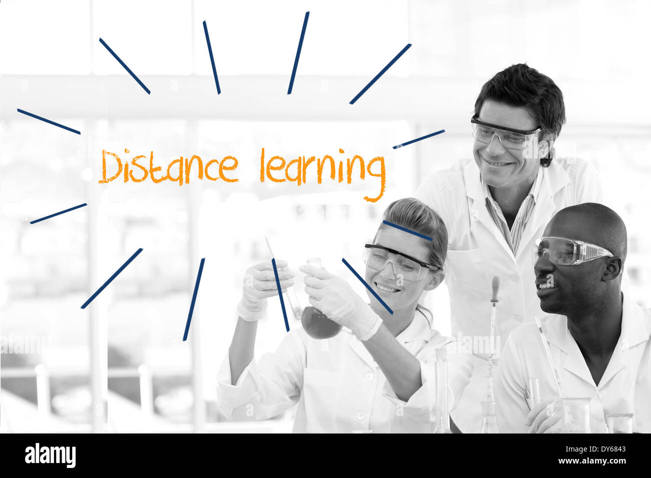 Distance learning against scientists working in laboratory Stock Photo
