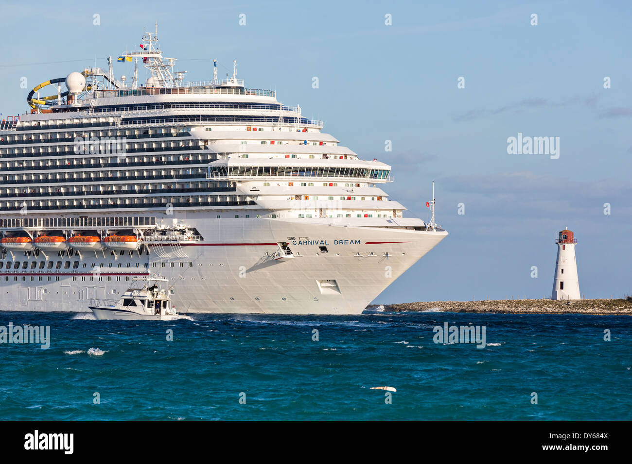 The Carnival Dream cruise ship entering the harbor Nassau, Bahamas, Caribbean Stock Photo