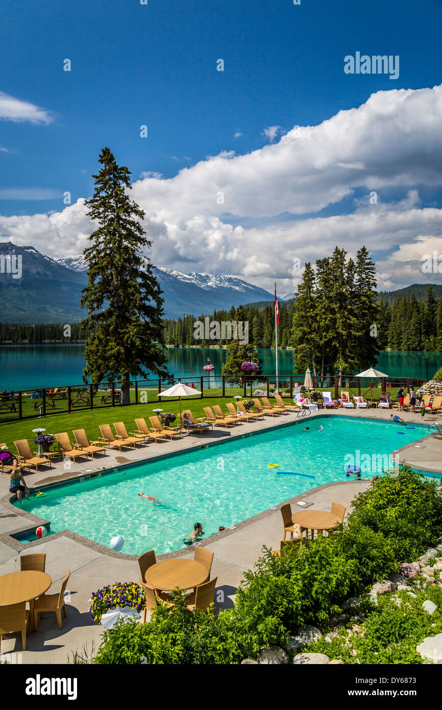 The swimming pool area at the Fairmont Jasper Park Lodge in Jasper