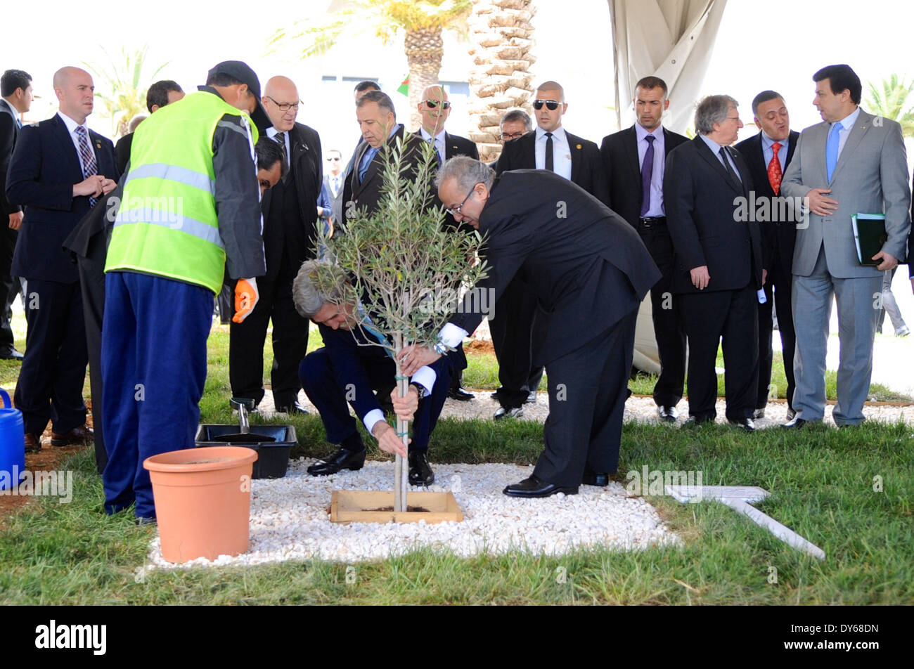 Secretary Kerry and Algerian Foreign Minister Plant Olive Tree Outside Ministry of Foreign Affairs in Algiers Stock Photo