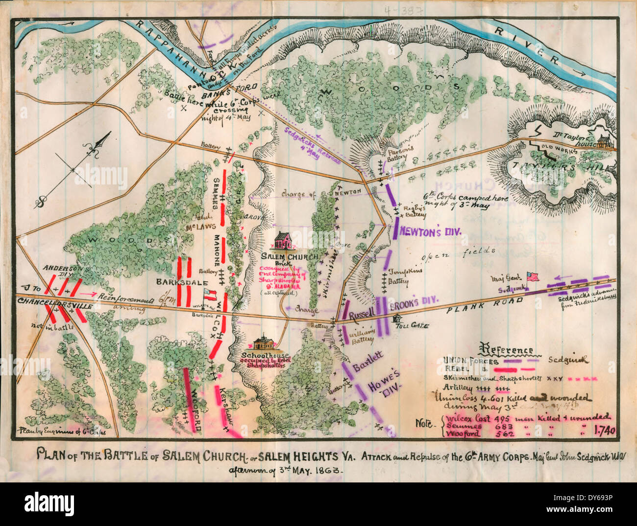 Plan of the battle of Salem Church or Salem Heights, Virginia Attack and repulse of the 6th Army Corps, Major General John Sedgwick, U.S.A., afternoon of 3rd May 1863. USA Civil War Stock Photo