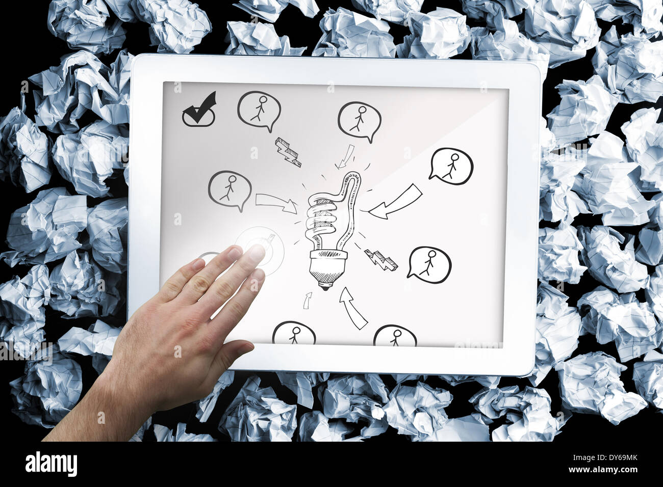 Composite image of hand touching tablet Stock Photo