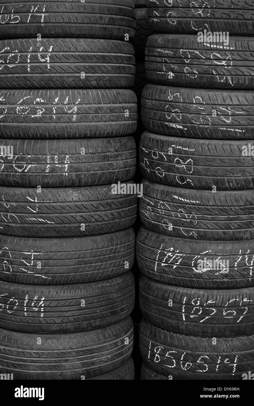 Piles of tires for sale at a tire shop in Woodside, Queens, New York