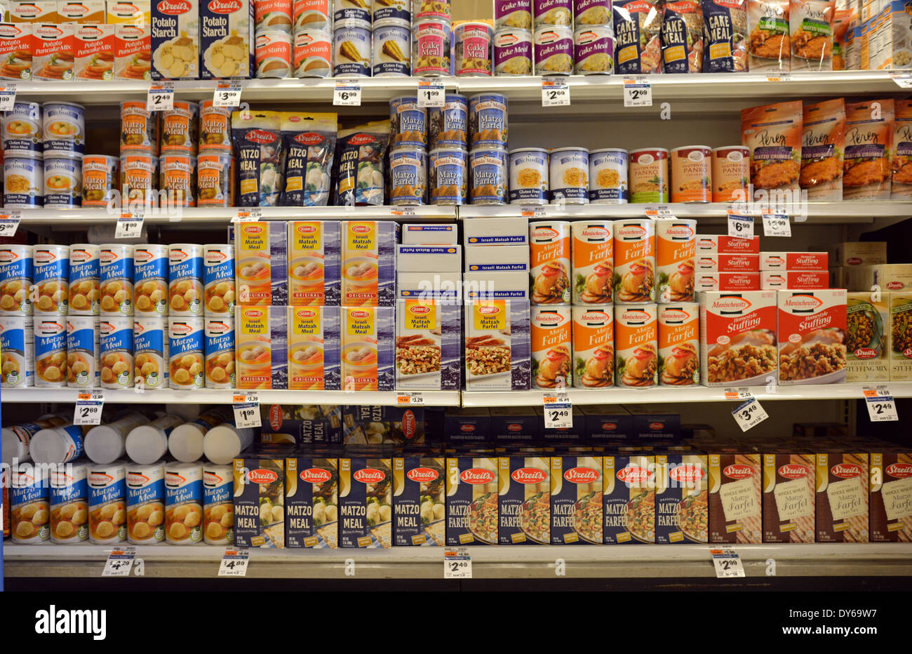 Shelves of Kosher for Passover food for sale at Waldbaums supermarket