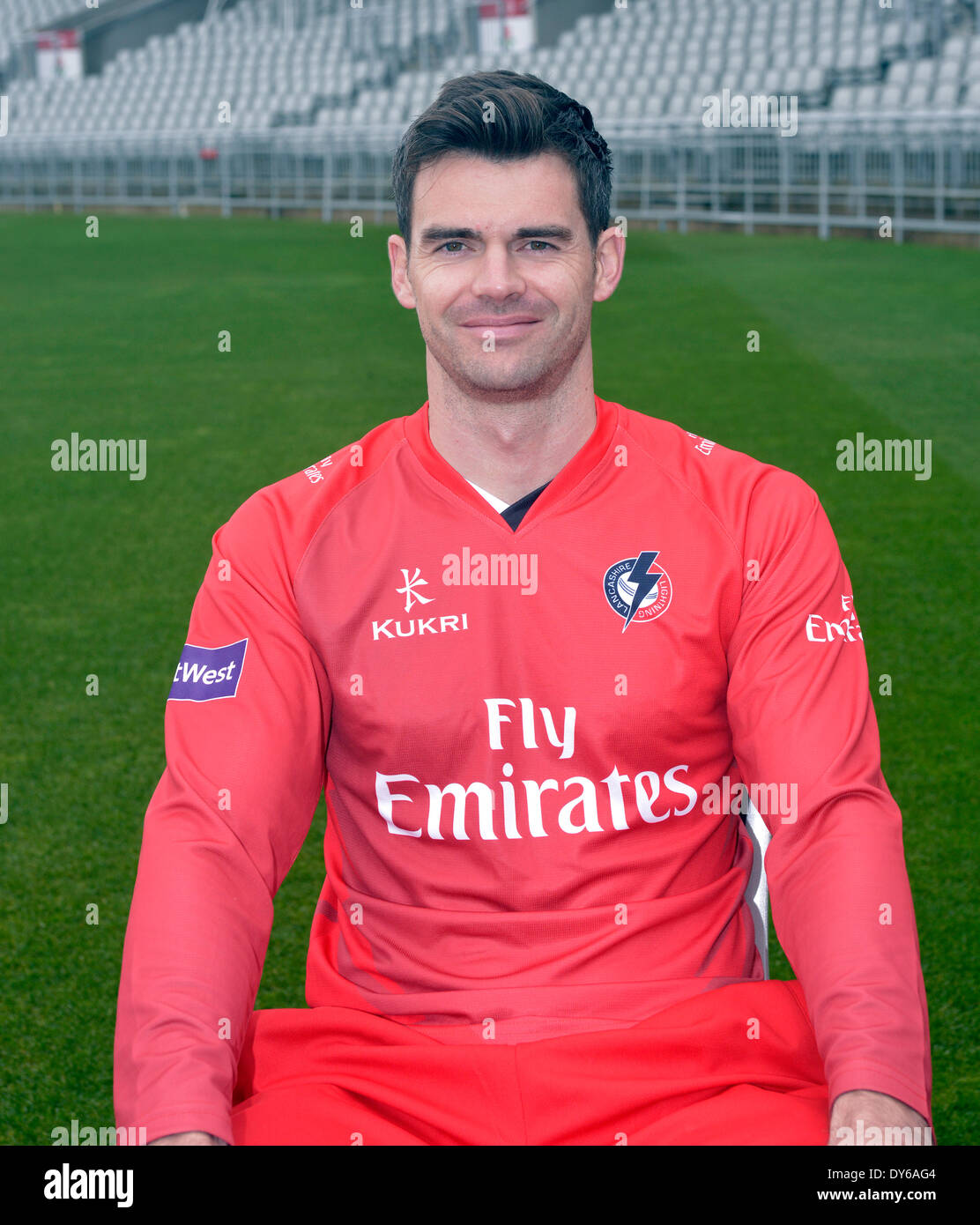 James Anderson poses in Lancashire's one-day kit at the pre-season photocall Stock Photo