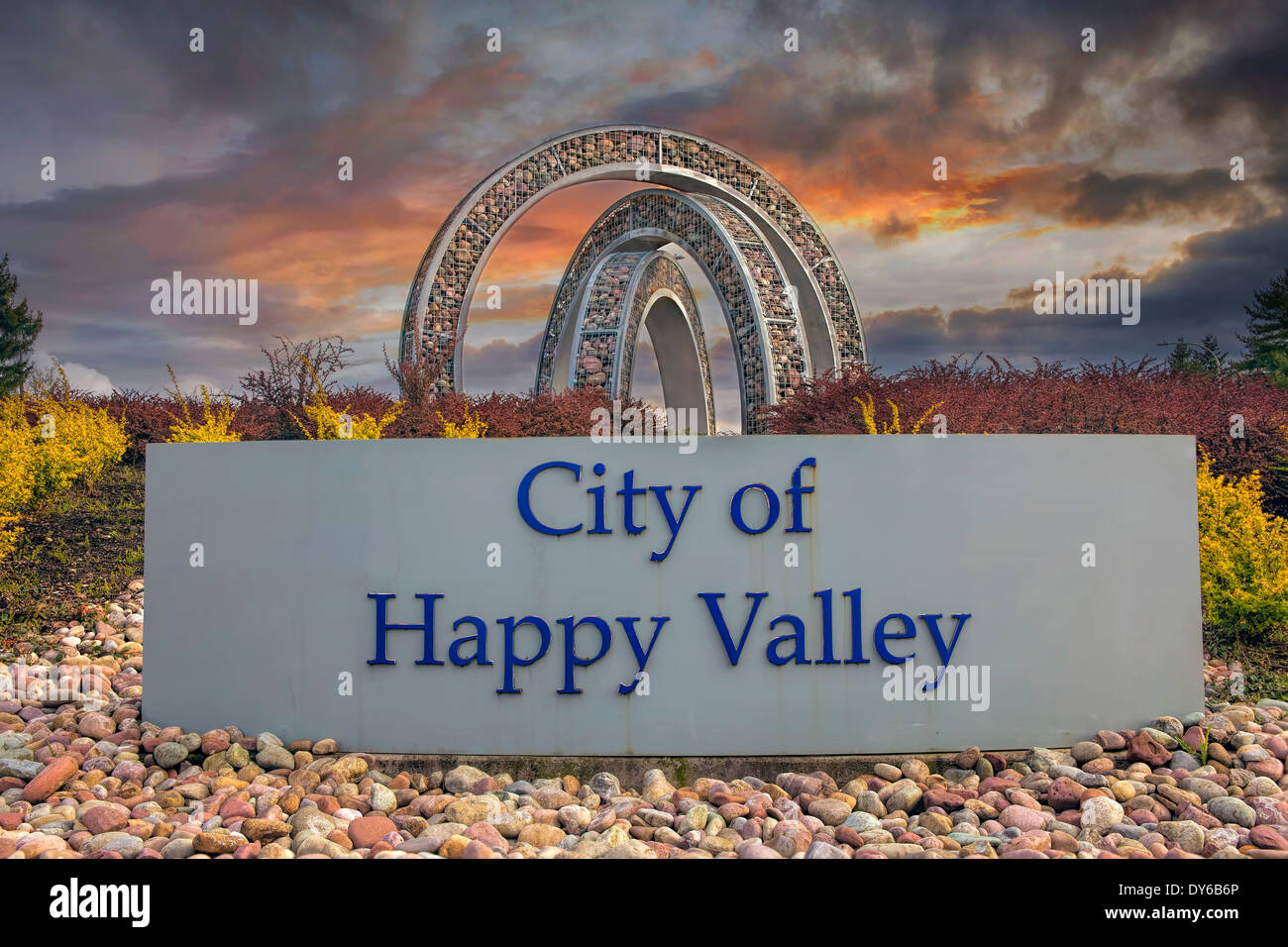 City of Happy Valley in Oregon Entry Sign with Landscaping and Dramatic