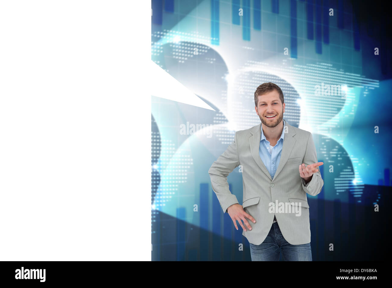 Composite image of stylish man smiling and gesturing with speech bubble Stock Photo