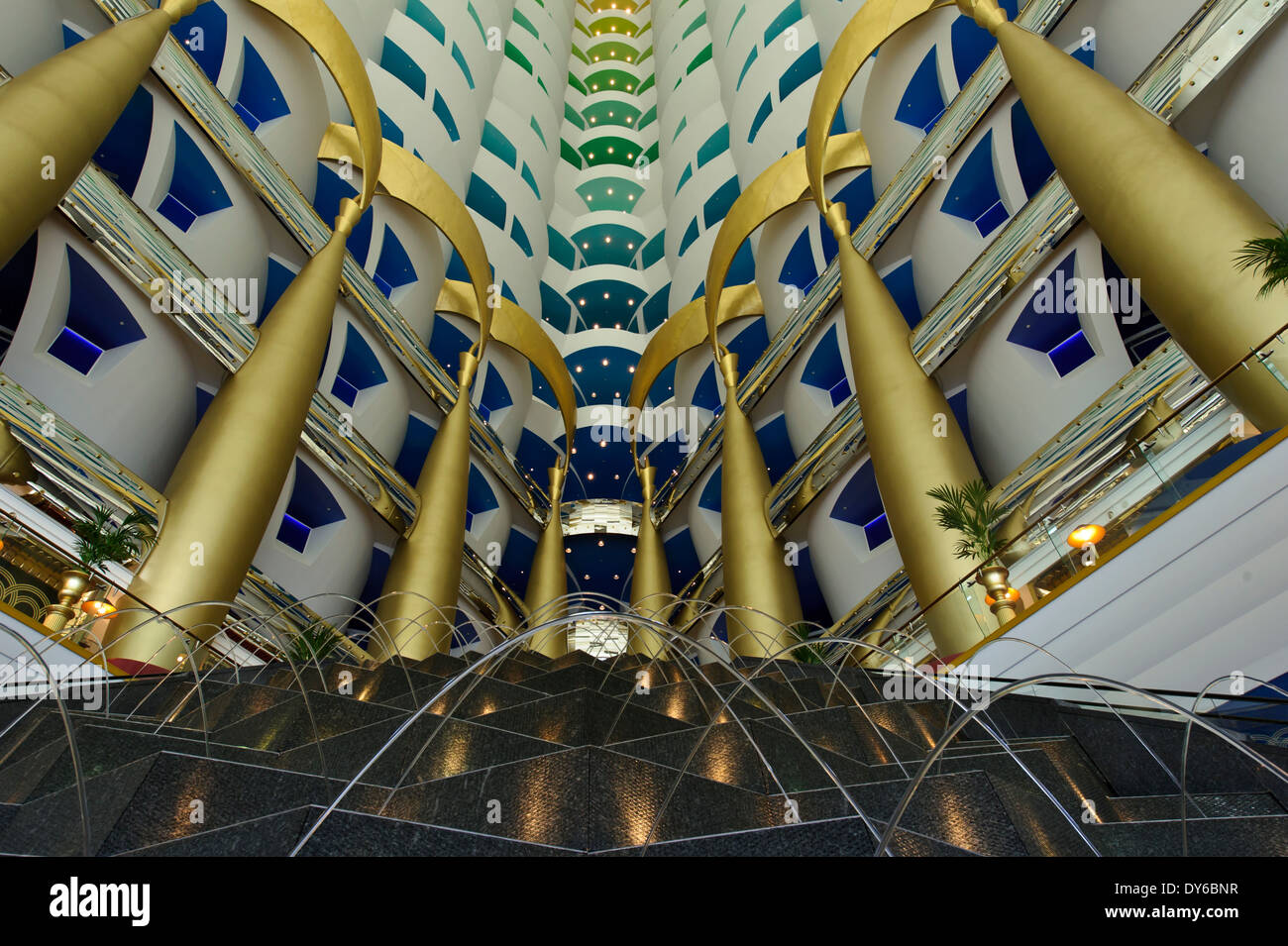 The cross dancing jets of water at the water fountain in the lobby at he Burj Al Arab Hotel, Dubai, United Arab Emirates, UAE. Stock Photo