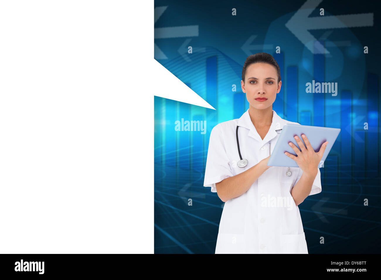 Composite image of pretty nurse using tablet pc with speech bubble Stock Photo