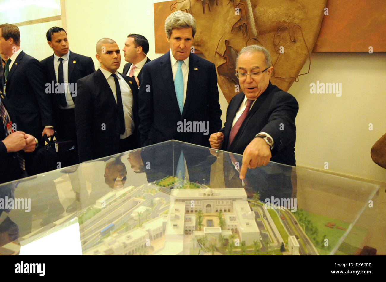 Algerian Foreign Minister Shows Secretary Kerry Ministry of Foreign Affairs Model in Algiers Stock Photo