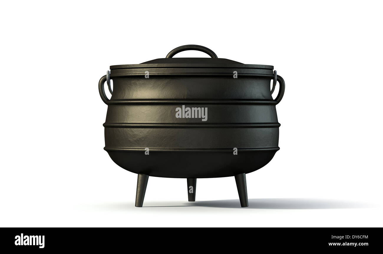 A regular cast iron south african potjie pot with a steel handle and a lid on an isolated background Stock Photo