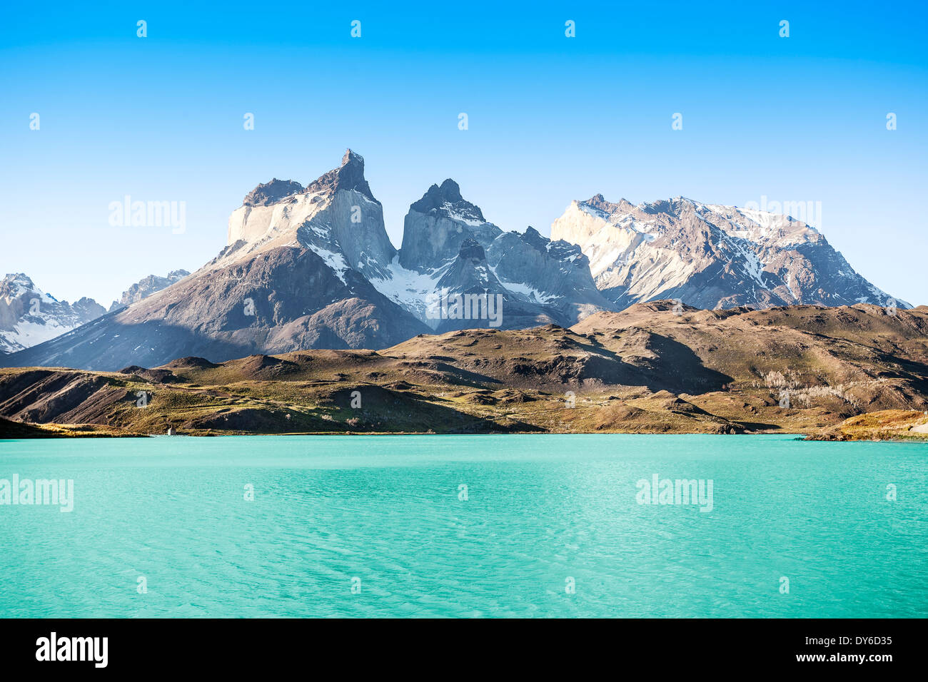 Pehoe mountain lake and Los Cuernos (The Horns), National Park Torres del Paine, Chile. Stock Photo