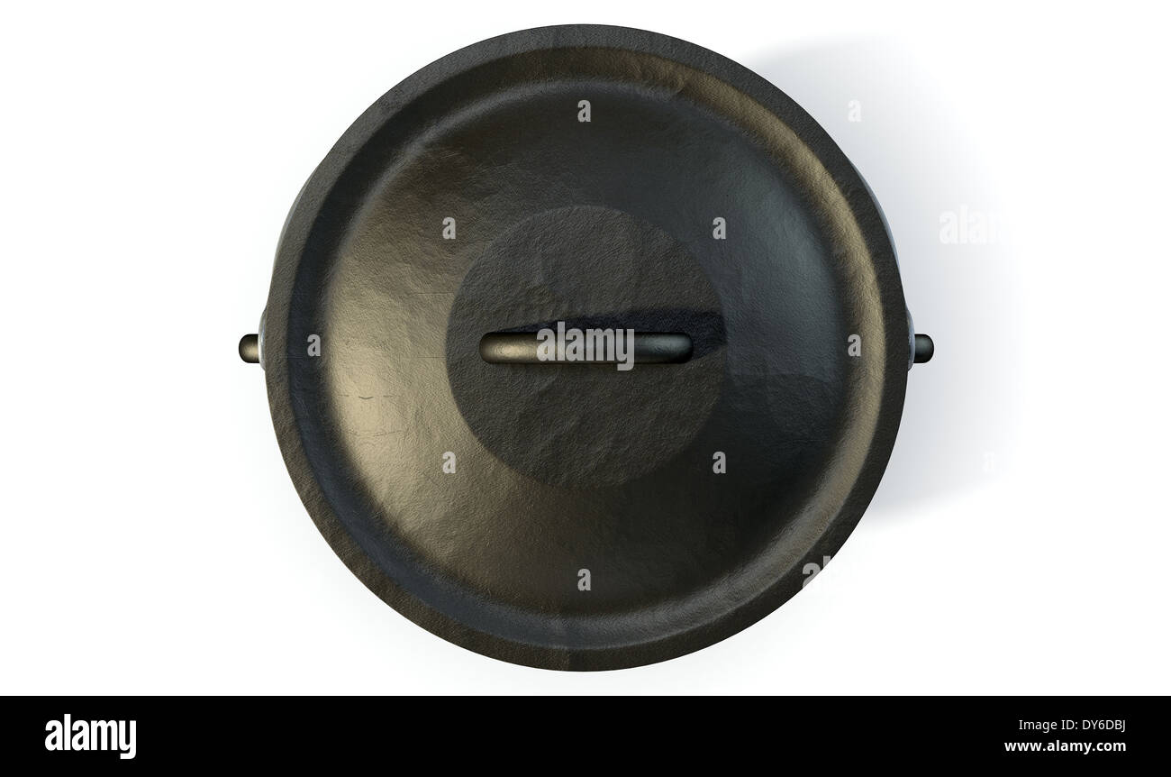 A regular cast iron south african potjie pot with a steel handle and a