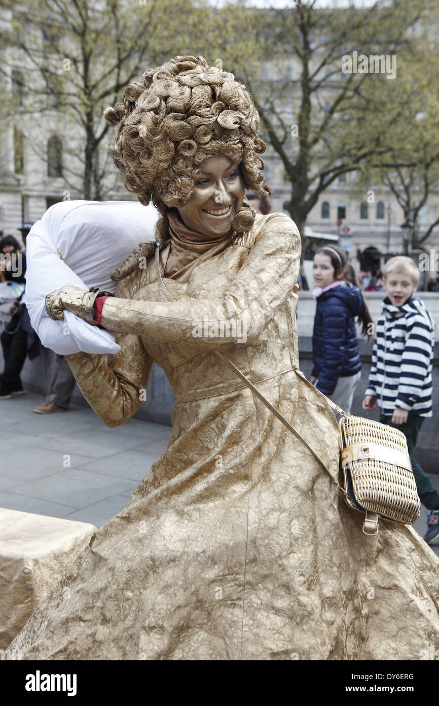 The annual International Pillow Fight flash mob held at Trafalgar Square in London on the 5th April, England, UK Stock Photo