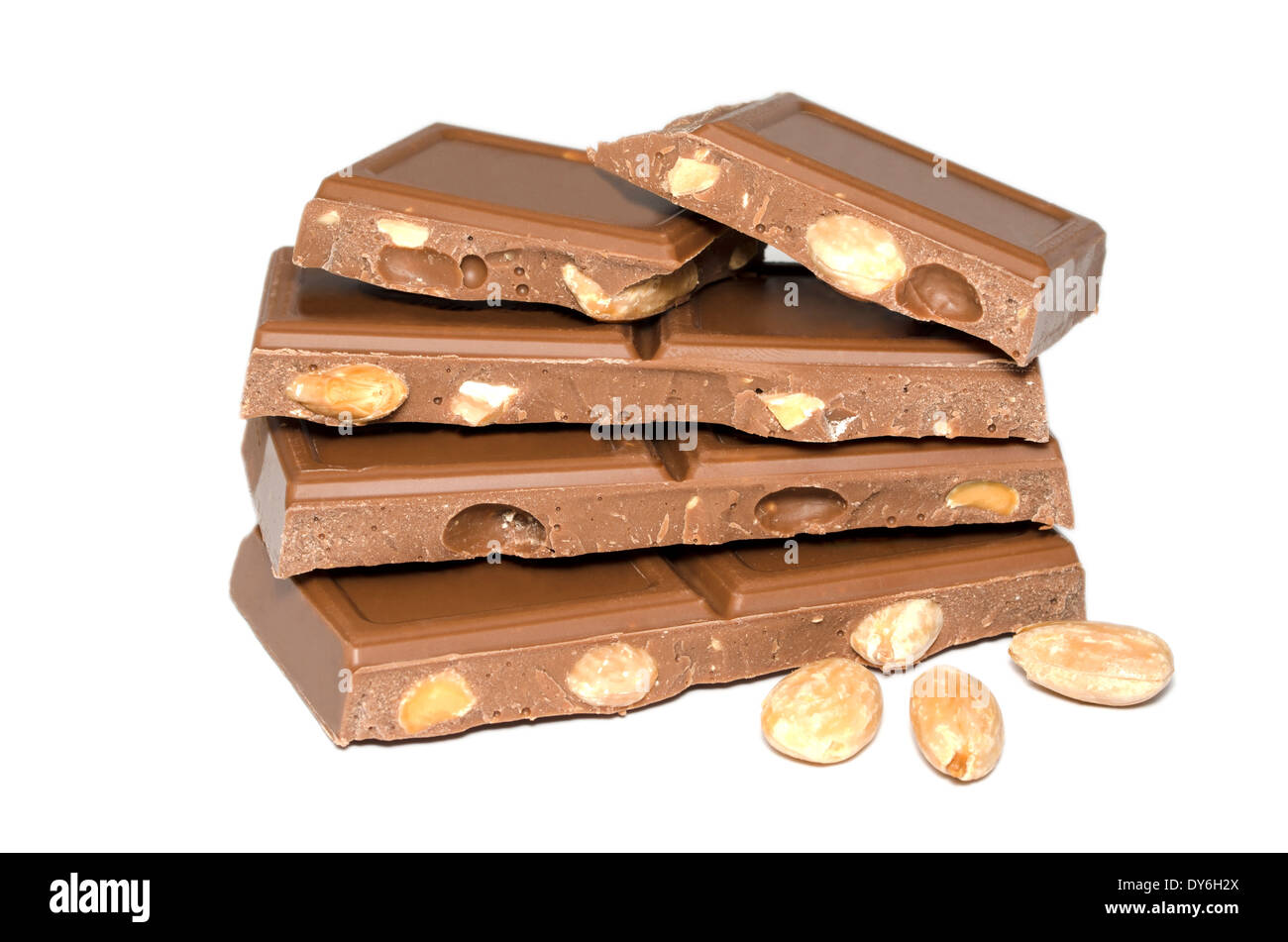 Slabs of assorted delightful chocolate almonds stacked on top of each other. Stock Photo