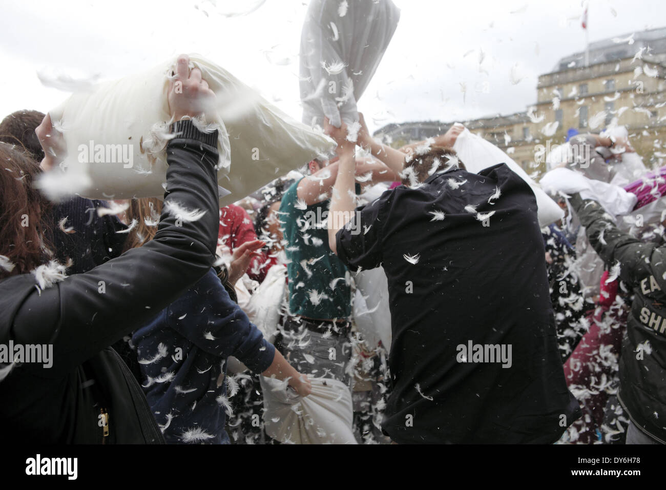 The annual International Pillow Fight flash mob held at Trafalgar Square in London on the 5th April, England, UK Stock Photo