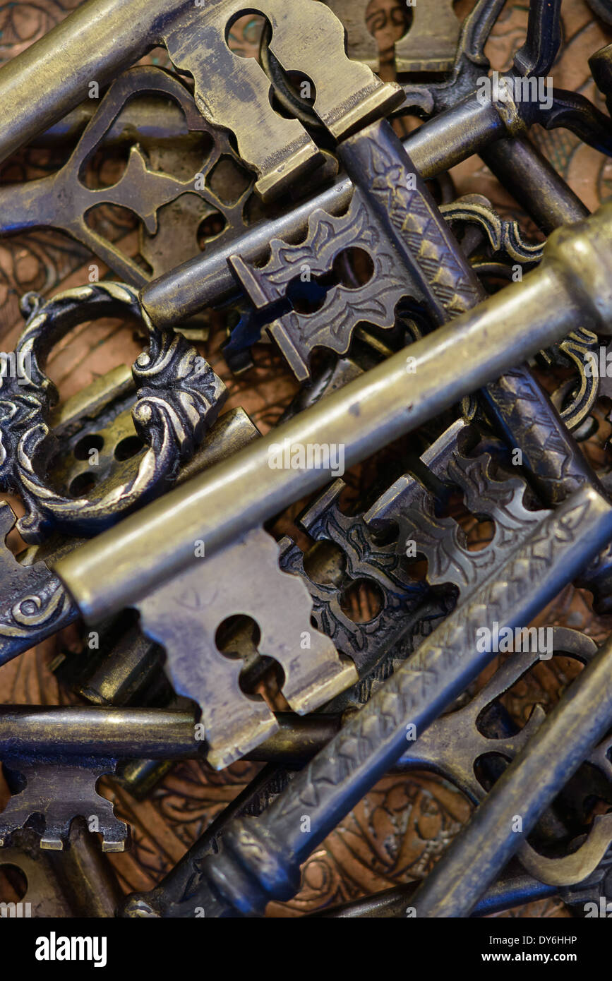 Backgrounds and textures: assorted keys, various shapes and sizes, security and access abstract Stock Photo