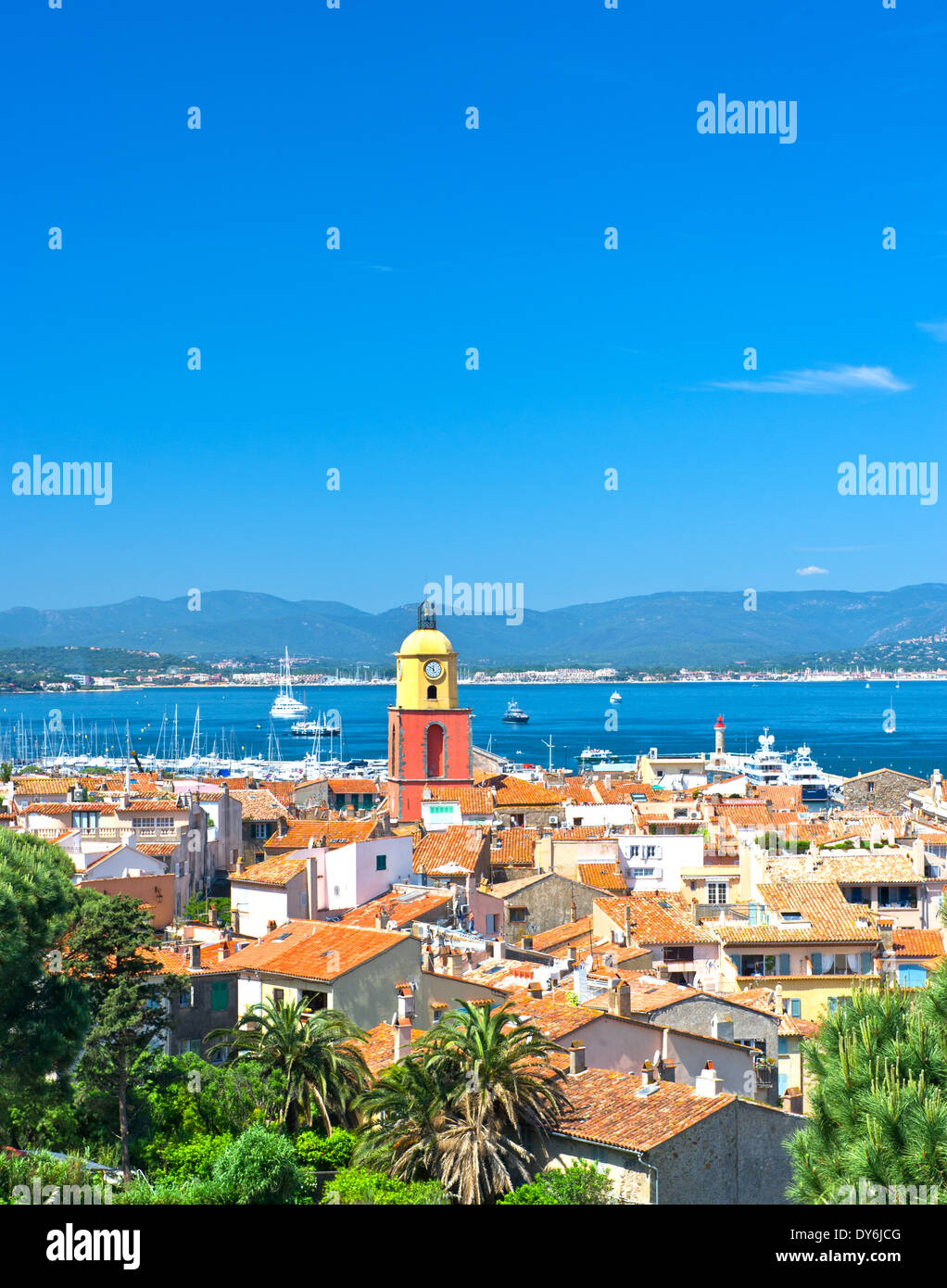 Beautiful view of Saint-Tropez with seascape and blue sky Stock Photo