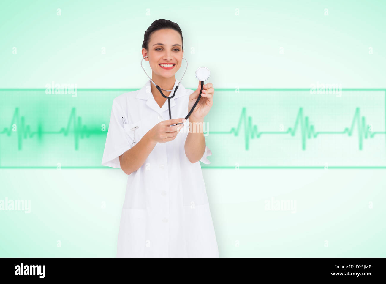 Composite image of pretty nurse listening with stethoscope Stock Photo
