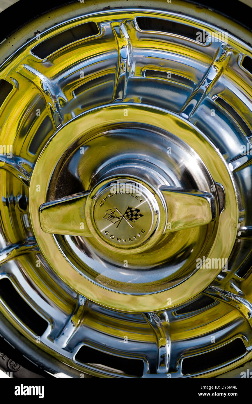 Chevrolet Corvette chrome wheel detail and reflections. Stock Photo