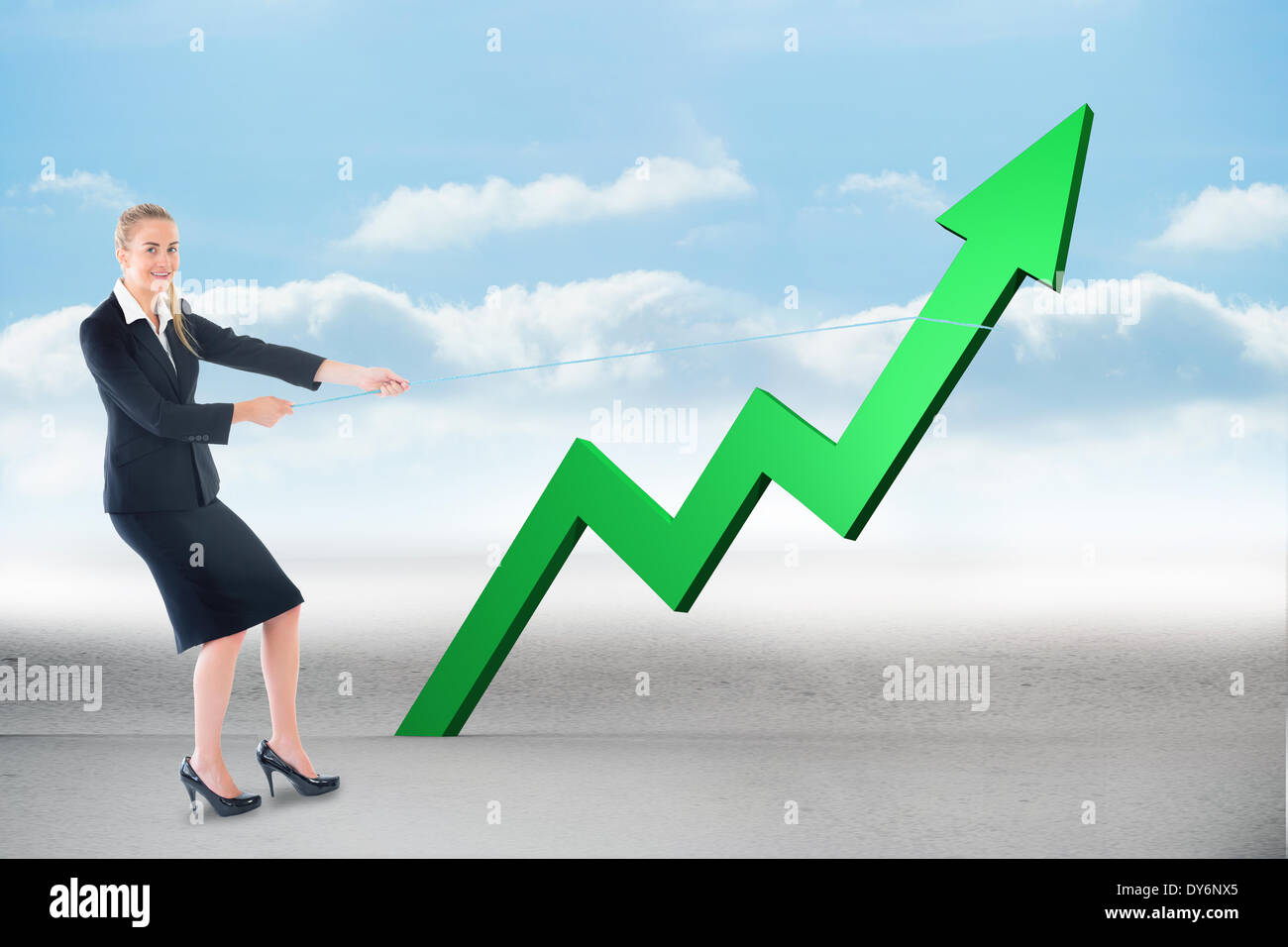 Composite image of businesswoman pulling a rope around arrow Stock Photo