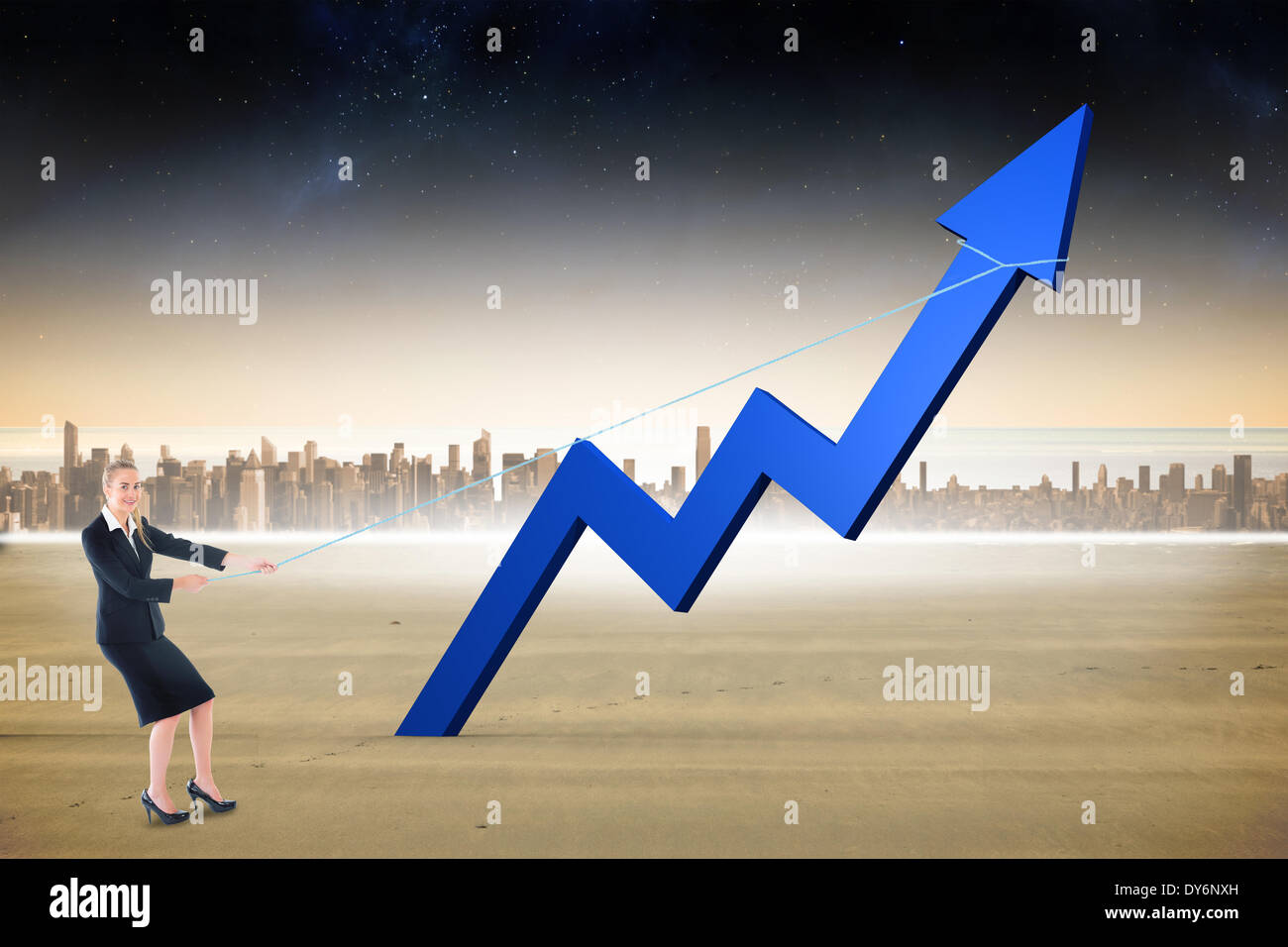 Composite image of businesswoman pulling a rope around arrow Stock Photo