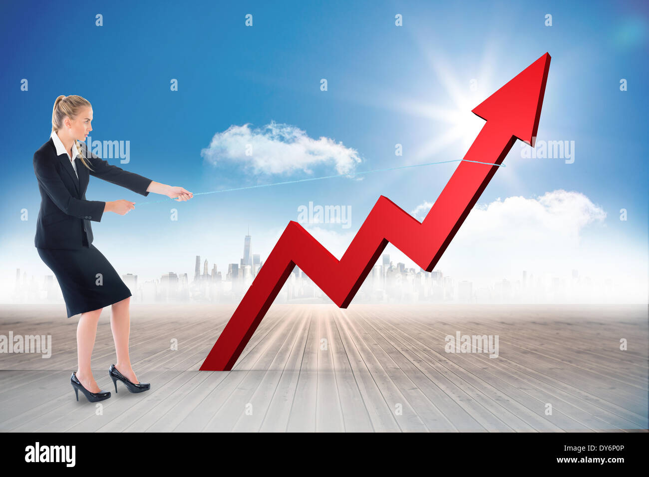 Composite image of businesswoman pulling a rope around arrow Stock ...