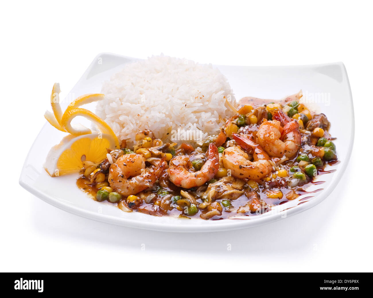 Fried shrimp with vegeable and lemon Stock Photo