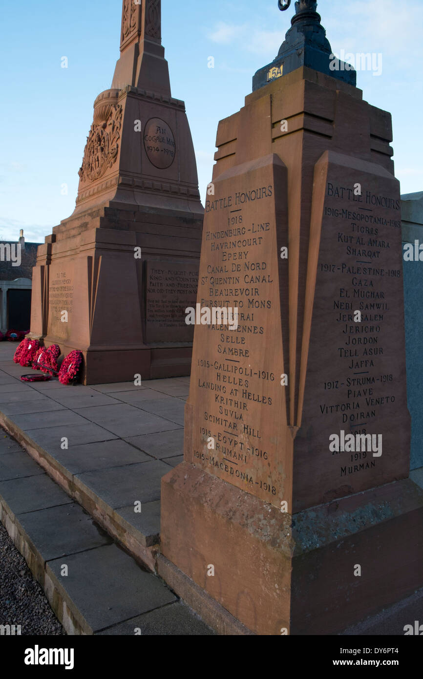 Battle honours inscribed on the war memorial in Inverness, Scotland Stock Photo