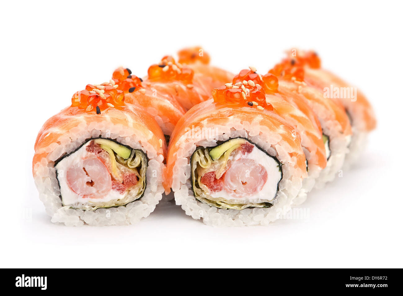 Japanese food roll with red fish and caviar Stock Photo