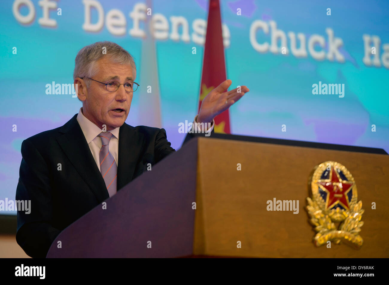 US Secretary of Defense Chuck Hagel speaks to military members at the Chinese National Defense University April 8, 2014 in Beijing, China. Stock Photo