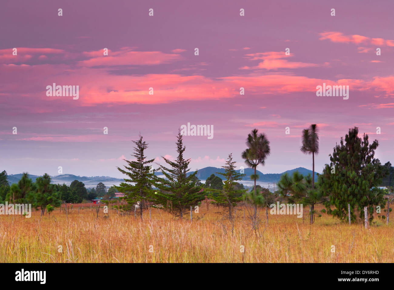 Colourful skies at dawn just outside the Volcan village in the Chiriqui province, Republic of Panama. Stock Photo