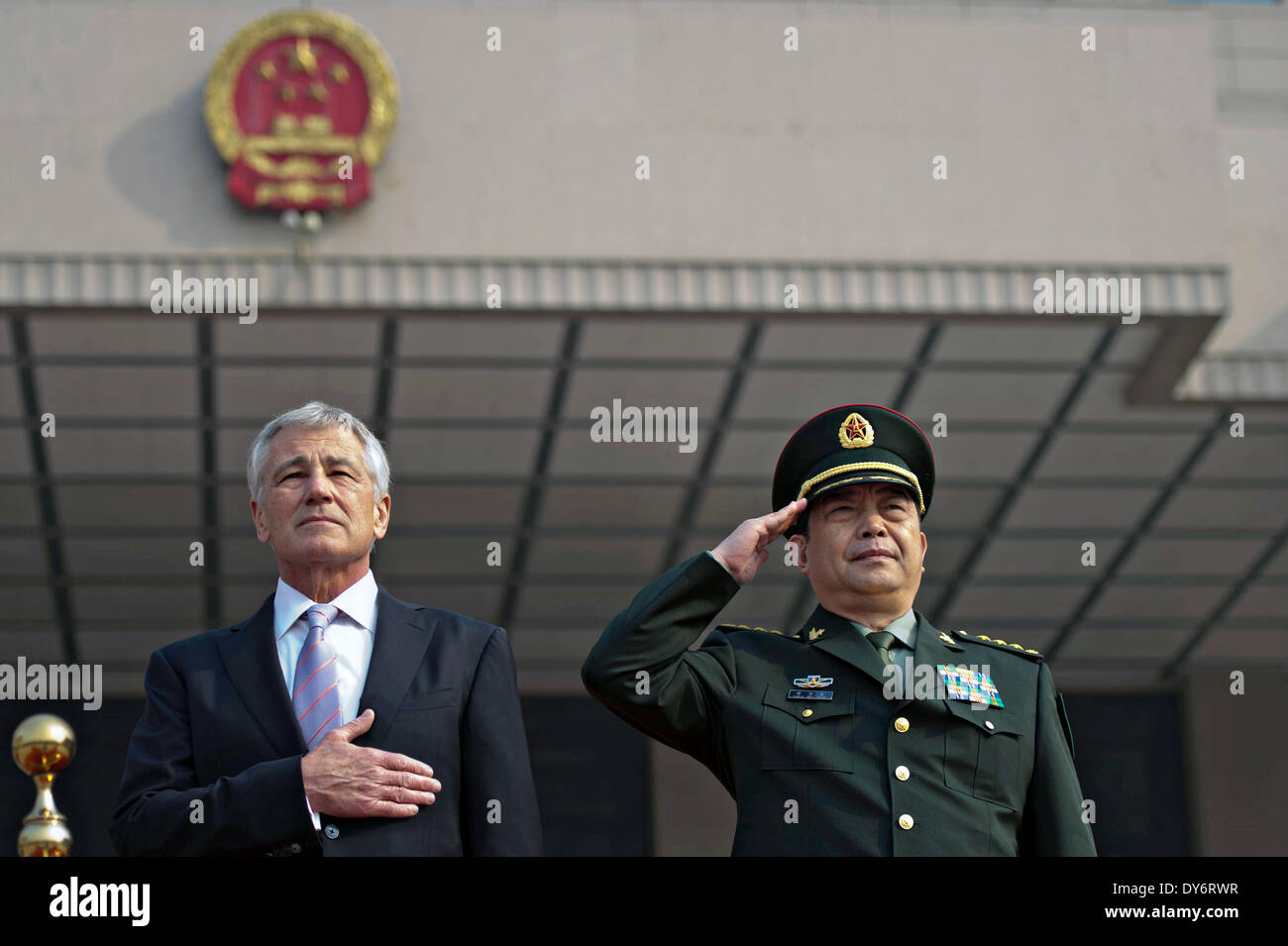 US Secretary of Defense Chuck Hagel with Chinese Minister of Defense Chang Wanquan at an honors ceremony April 8, 2014 in Beijing, China. Stock Photo