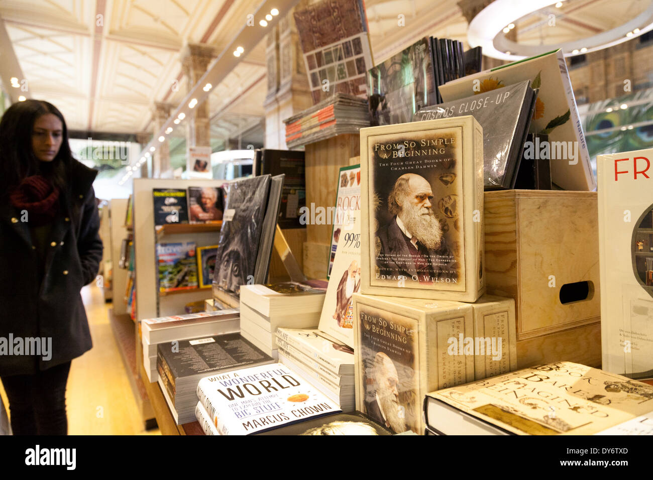 People shopping for books in the Museum Shop, Natural History Museum, London UK Stock Photo