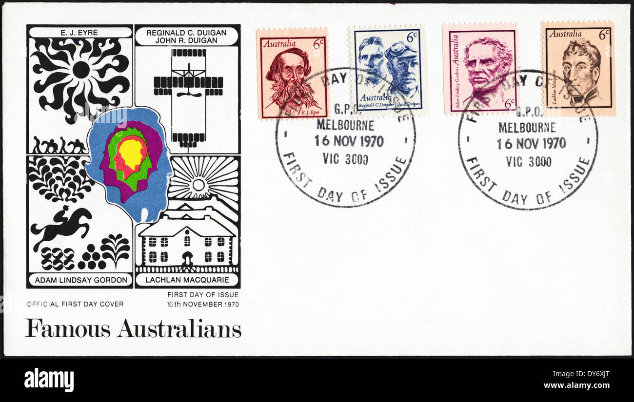 Commemorative first day cover Australia postage stamps Famous Australians postmarked Melbourne 16th November 1970 Stock Photo
