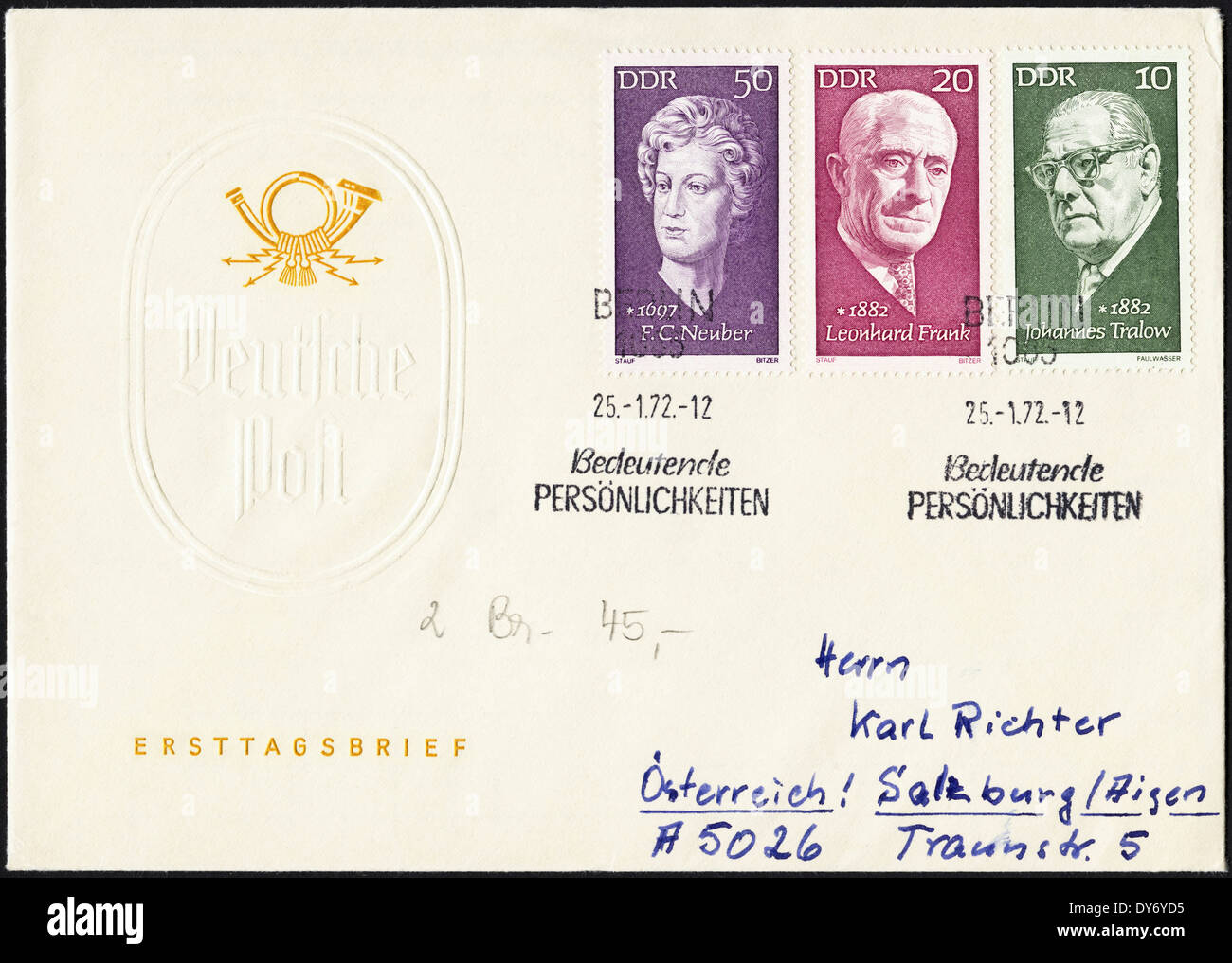 Commemorative first day cover East Germany DDR postage stamps featuring famous East Germans postmarked Berlin 25th January 1972 Stock Photo